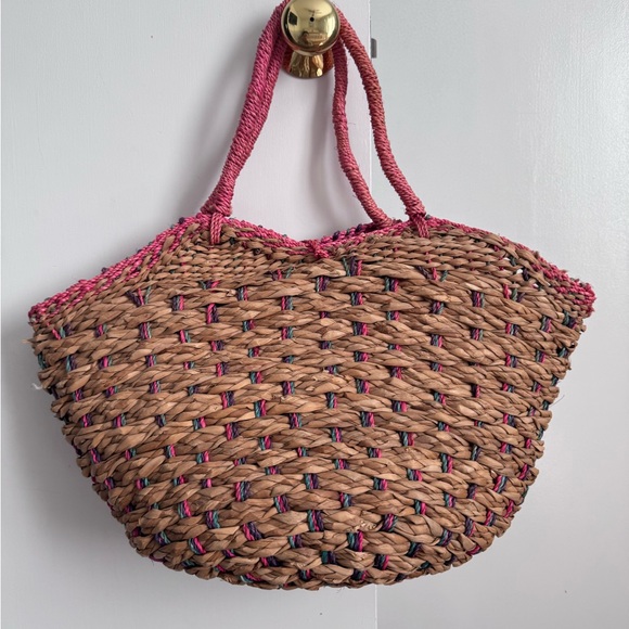 Woven Straw Tote Bag with Pink Accents - Picture 3 of 6